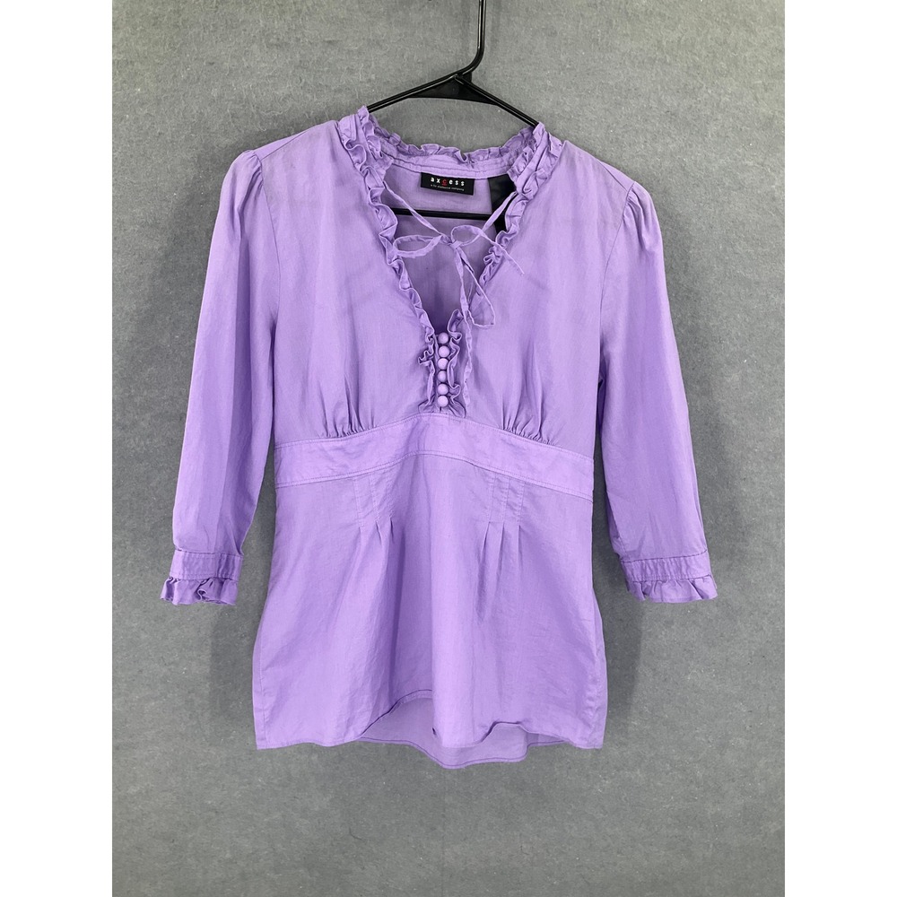 Axcess Liz‎ Claiborne Womens Sz 4 Purple Ruffle Babydoll 3/4 Sleeve Blouse